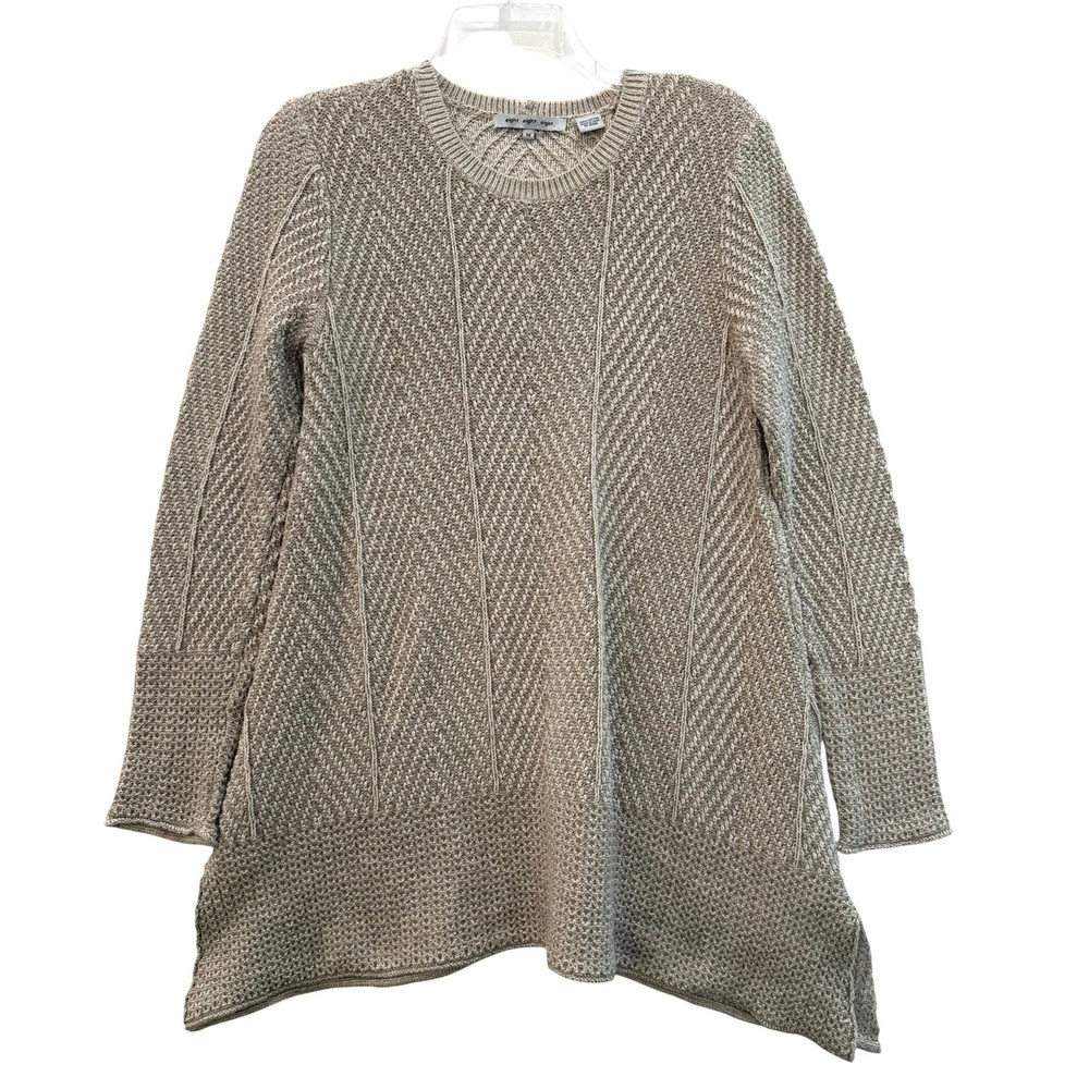 Eight Eight Eight Tan Grey Cotton Knit Chevron Textured Crewneck Sweater Medium